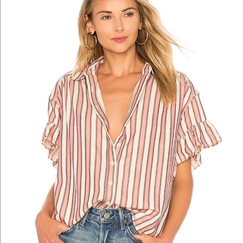 THE GREAT The Flounce Sleeve Button Up Top